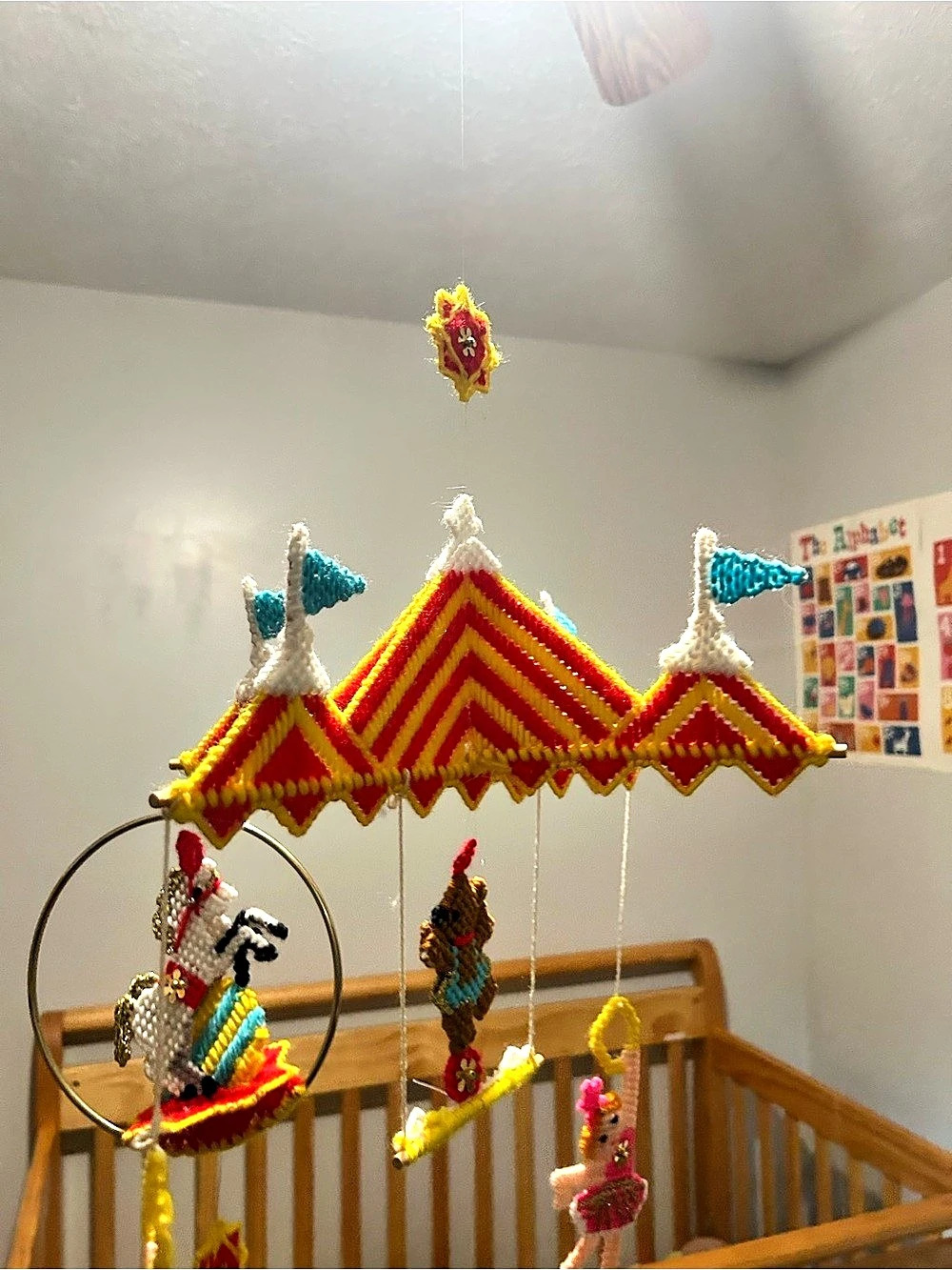 Vintage Handmade Needlepoint  Nursery Hanging Mobile in Red & Yellow